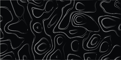 Abstract black background with intricate white and gray contour lines forming organic, irregular shapes and loops, creating a visually striking and detailed abstract pattern for graphic design © Jobless 