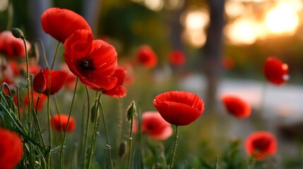 Obraz premium Bright Red Poppies Blooming in a Lush Green Field During Golden Hour Sunset
