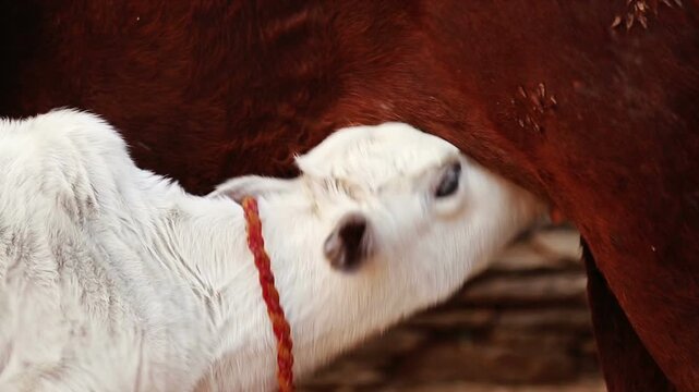 A young calf drinking milk from its mother cow in an Indian village of Uttarakhand. The scene reflects rural life, animal care, farming tradition, and simple village lifestyle.