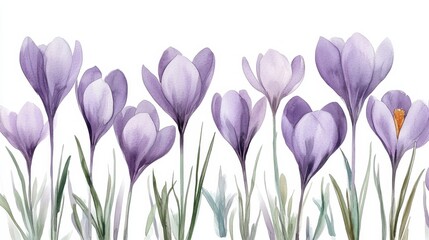 adorable watercolor crocus flowers, soft lavender, white background