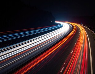 Long exposure captures vehicle trails as they navigate a curved highway at night