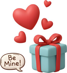 A blue gift box with a red ribbon is depicted, accompanied by several 3D red heart shapes floating above it