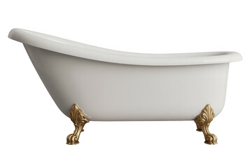 White bathtub with gold feet clawfoot tub bathroom fixture isolated on a transparent background