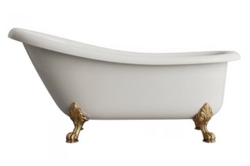 White bathtub with gold feet clawfoot tub bathroom fixture isolated on a transparent background