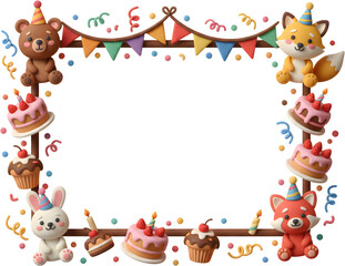 Fototapeta premium Colorful 3D illustration frame with cute animals and birthday elements