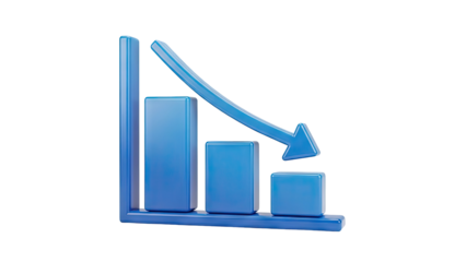 3D Blue 3D bar graph with descending arrow on transparent background