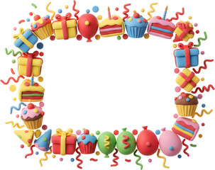 A colorful rectangular frame made of 3D elements depicts festive items like gift boxes, balloons, cupcakes, and slices of cake