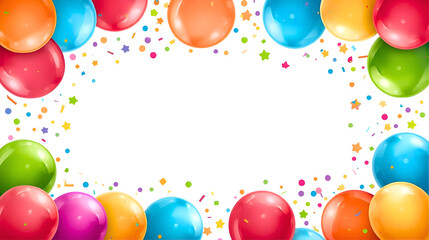Colorful balloons frame a white rectangular space