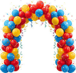 A colorful balloon arch composed of tightly packed balloons in red, blue, yellow, orange, and teal, forming a semi-circle