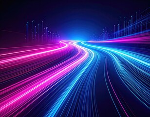 Digital artistic representation of data flow streams with vibrant pink and blue light trails