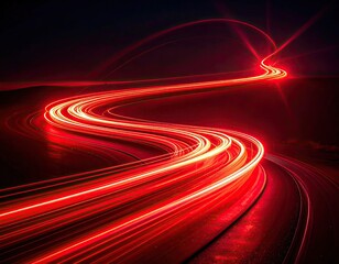 Long exposure captures fiery streaks, tracing a winding road at night, creating light trails