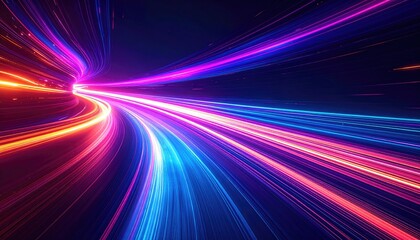 Digital tunnel of light beams with vibrant neon colors streaks across a dark background