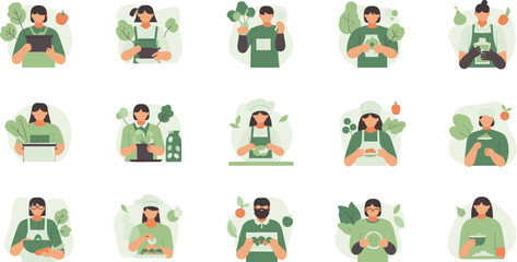 Gardening and farming character icons with vegetables, fruits, and tools for sustainability, agriculture, and healthy food illustration