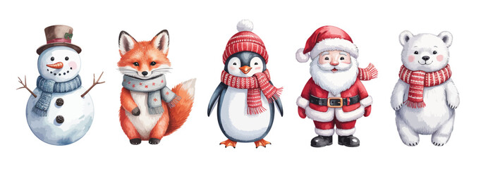 fox, polar bear, penguin, snowman and santa claus set of watercolor characters isolated on white background, festive holiday elements for greeting cards and invitations.