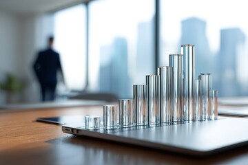 Businessman looking at market data displayed on laptop with glass bars in office