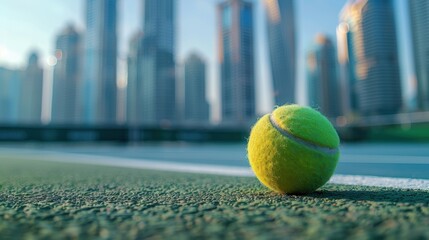 close-up of tennis ball on hard court with skyscrapers blurred in background