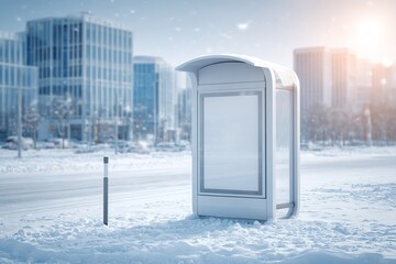 Snow covers a bus stop in a city during winter morning as buildings stand in the background under clear sky