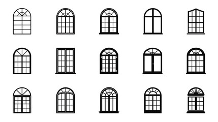 Set of minimalist black and white architectural window icons, featuring various designs such as arched, rectangular, bay, tall narrow, and wide multi-pane windows. Icons are arranged in a grid layout 