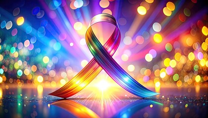 A colorful ribbon, painted in rainbow hues, is against a bokeh background, radiating light