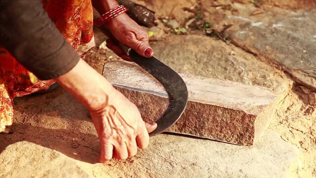 Indian village woman sharpening her sickle using a stone on the ground in Uttarakhand. The scene shows rural lifestyle, poverty, traditional tools, and daily village work.