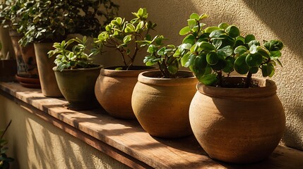 Natural clay pots with green plants on a sunny balcony