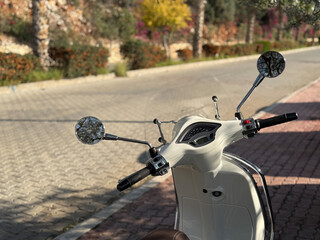 Cream-colored scooter parked on sunlit cobblestone street with blurred trees in background