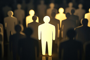 glowing leader silhouette emerging from orange crowd evoking inspiration and individuality in motivational wallpaper or editorial illustration
