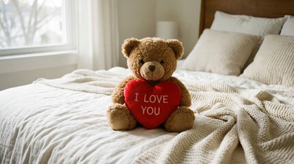 Heartfelt teddy bear with love message on cozy bed indoor lifestyle scene cute and comforting atmosphere close-up view