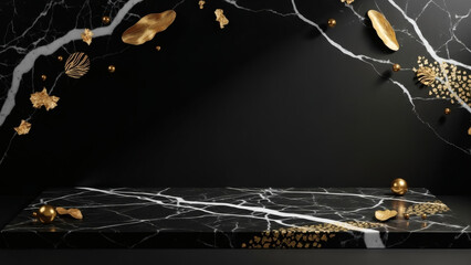 Luxury black marble background with elegant gold accents, creating a premium and sophisticated look. Perfect for high-end branding, jewelry, perfume, and exclusive product presentations.