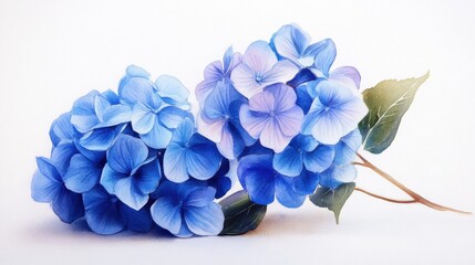 delicate watercolor painting of blooming blue hydrangea cluster, soft shadows and highlights, white background