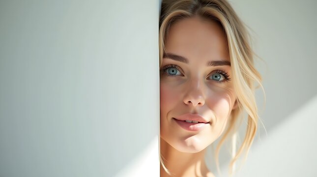 Captivating close-up portrait of a beautiful young woman with blonde hair and striking blue eyes, her serene face elegantly framed by a crisp white surface, exuding natural charm and gentle allure