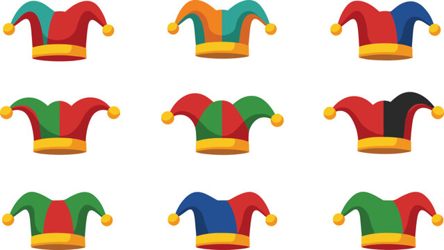 Colorful jester hat vector illustration set with festive carnival headwear, joker costume accessories for circus, festival, party, and entertainment design themes