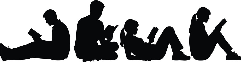 Black silhouettes of people reading books while sitting and lying down isolated on white background for education and library concepts. © MH STOCK