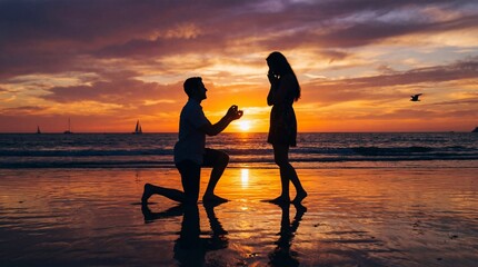 Sunset proposal romantic beach engagement ocean view silhouette photography love in nature emotional moment captured