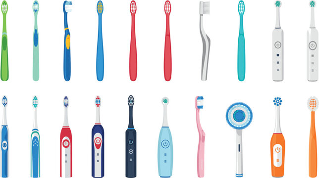 Toothbrush and electric toothbrush vector set with modern oral hygiene tools, manual and powered dental care devices for healthcare, bathroom, and wellness design