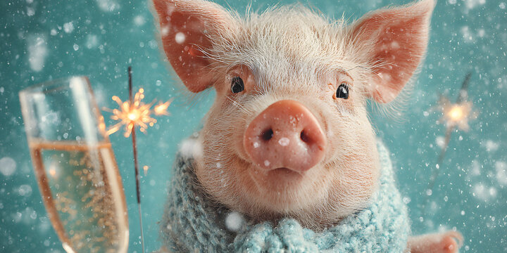Frohes neues Jahr, Neujahr, Silvester, Party, Feier, lustiges Tier, Gru&szlig;karte, Karte mit deutschem Text - S&uuml;&szlig;es Schwein mit Wunderkerze und Sektglas, isoliert auf Hintergrund t&uuml;rkis