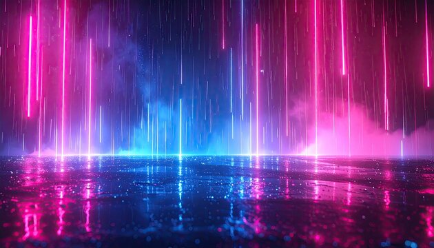 Futuristic scene with neon lights illuminating a reflective surface, and vibrant pink and blue colors - Powered by Adobe