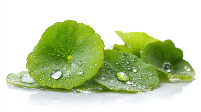 Fresh gotu kola leaves gleam with water droplets, revealing the verdant details. Symbolizing purity and renewal, showcasing nature's elegance.