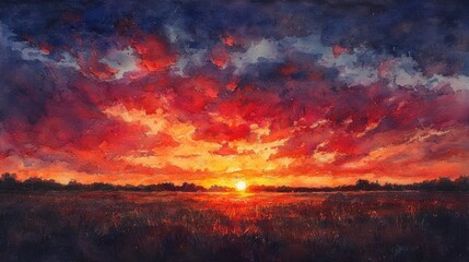dramatic sunset with fiery red-orange sky and scattered clouds, traditional watercolor