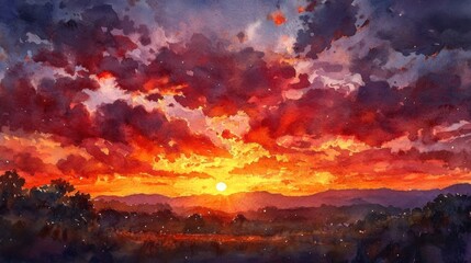 dramatic sunset with fiery red-orange sky and scattered clouds, traditional watercolor
