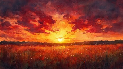 dramatic sunset with fiery red-orange sky and scattered clouds, traditional watercolor