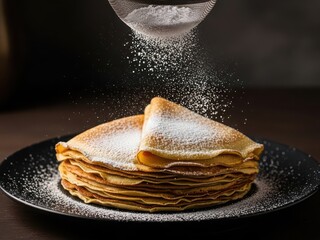 Delicious crepes being sprinkled with powdered sugar
