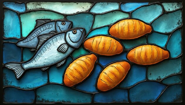 Stained glass style illustration shows two fish and five loaves of bread. Biblical miracle, faith symbol, divine provision, abundance theme, religious art.