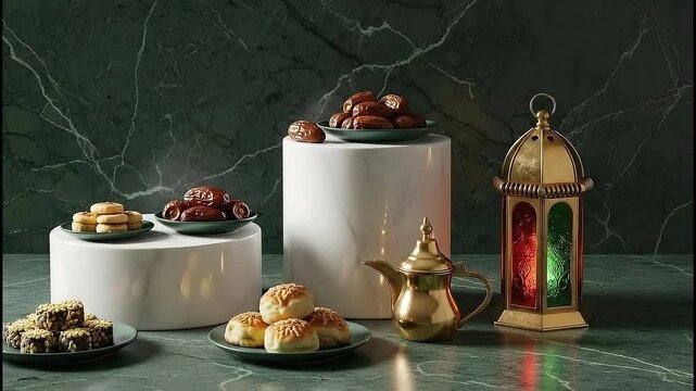 Ramadan Iftar Table Setting with Dates, Traditional Sweets, Arabic Teapot and Lantern on Marble Pedestals
