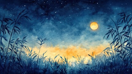 dreamy bamboo grass scene painted in watercolor under starry midnight sky