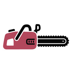 Red chainsaw with black teeth and handle