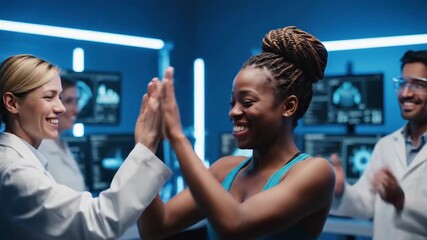Diverse medical professionals celebrating successful scientific collaboration with a high-five in a cutting-edge laboratory, symbolizing research achievement and advanced health progress - Powered by Adobe
