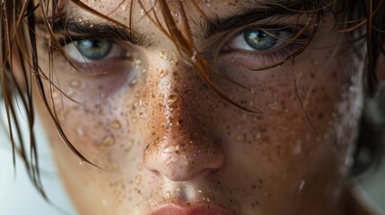 fierce headshot, intense focused expression, sweat marks, photorealistic white studio