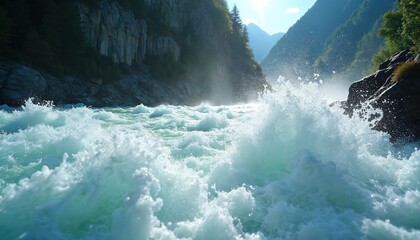 Turbulent river flows fast through rocky mountainside canyon. White water rapids crash and splash with foamy spray. Sun shines brightly on the water creating beautiful natural scene.