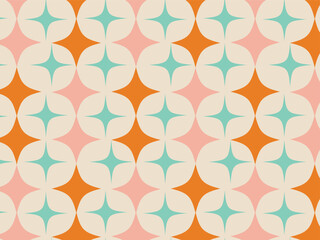This mid-century modern geometric pattern features a repeating grid of alternating spiky star shapes. Teal four-pointed stars are set within cream circles, arranged alongside rows of solid orange star